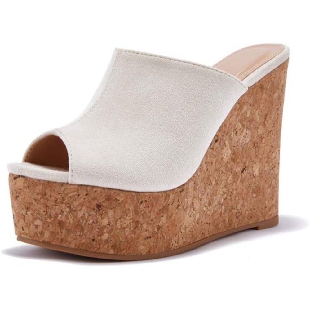 New Womens Wedge Platform Slide on Sandals Open Toe Cork Faux Suede Dress